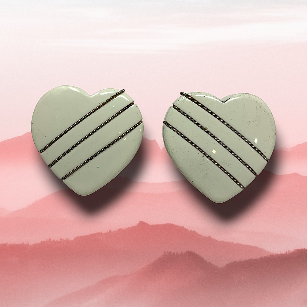 Vintage 1980s White Heart Acrylic + Silver Wire Pierced Earrings New Wave Punk